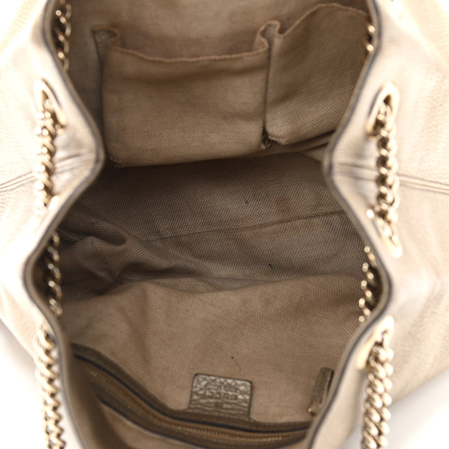 Metallic Pebbled Calfskin Medium Soho Chain Shoulder Bag Golden Beige