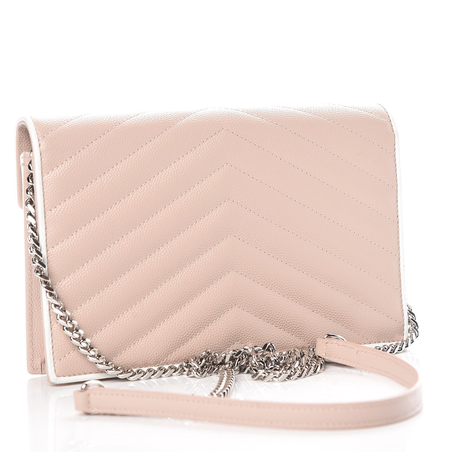 Saint Laurent Grain De Poudre Matelasse Chevron Monogram Envelope Chain Wallet Pink and White 3 of 10