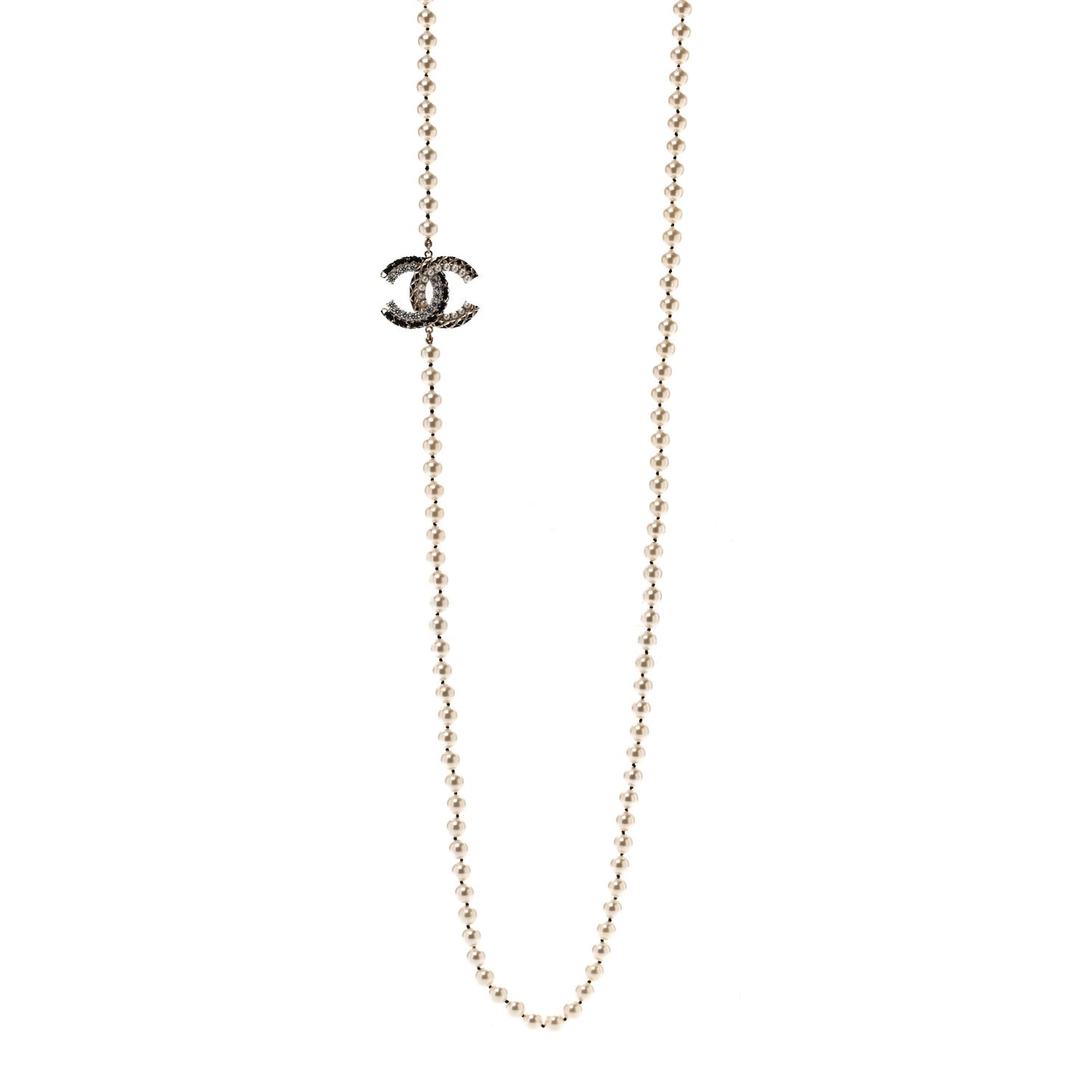 Pearl Crystal Lambskin CC Long Necklace Gold Black
