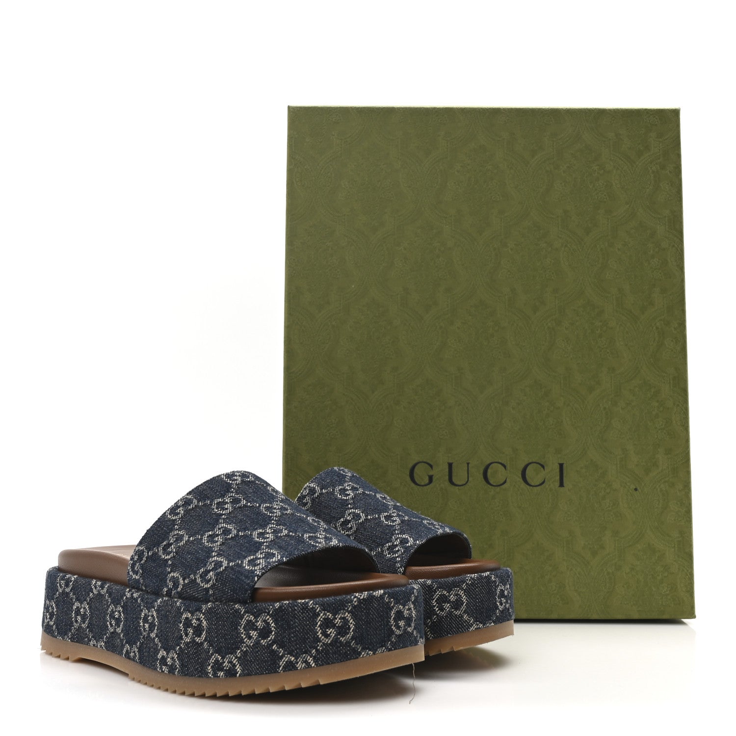 Gucci New Denim GG Monogram Angelina Platform 55mm Slide Sandals