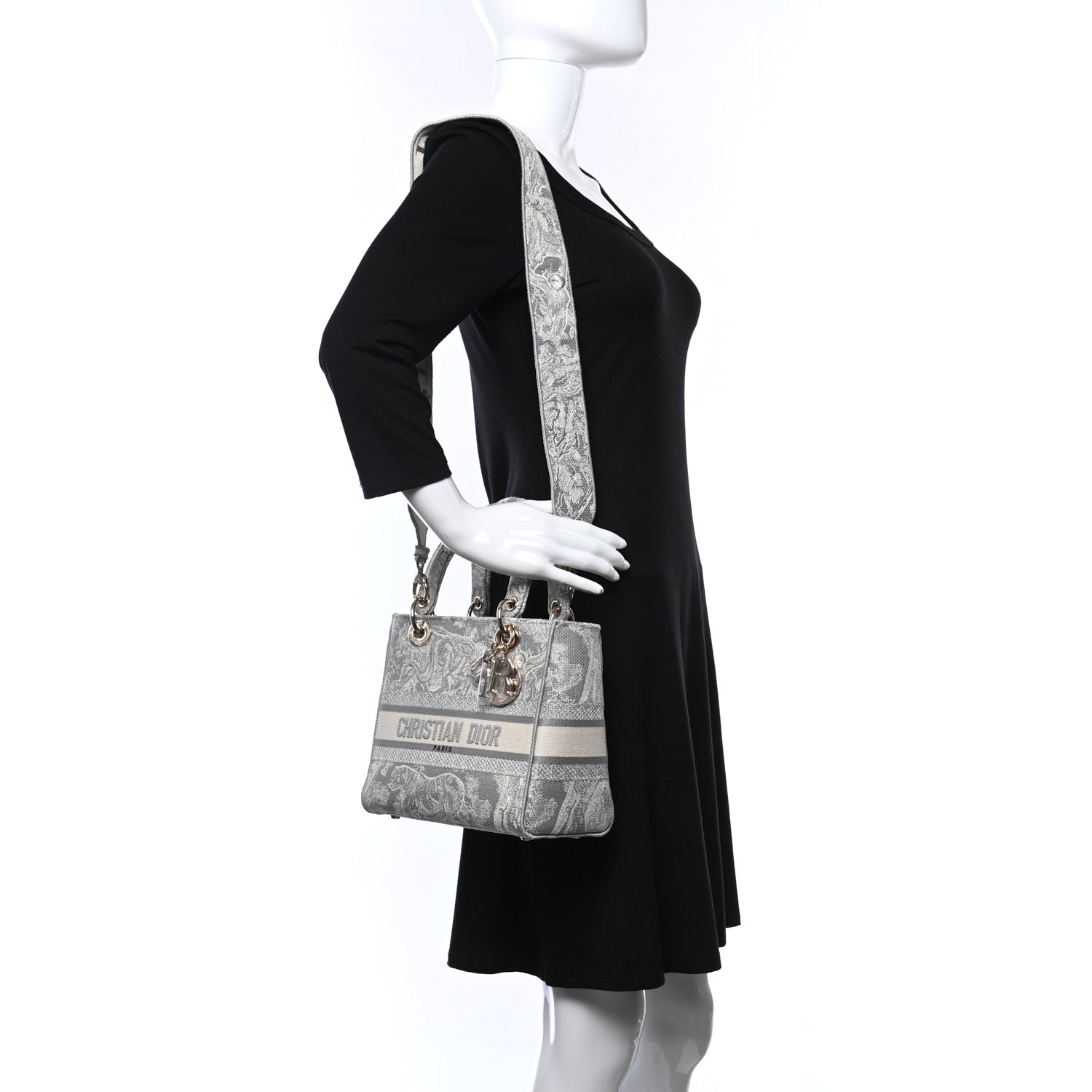 Christian Dior Canvas Toile De Jouy Reverse Embroidered Medium Lady D-Lite Gray 2 of 9