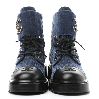 Chanel Shiny Calfskin Velvet Quilted Lace Up Combat Boots 39 Blue Black 2 of 8