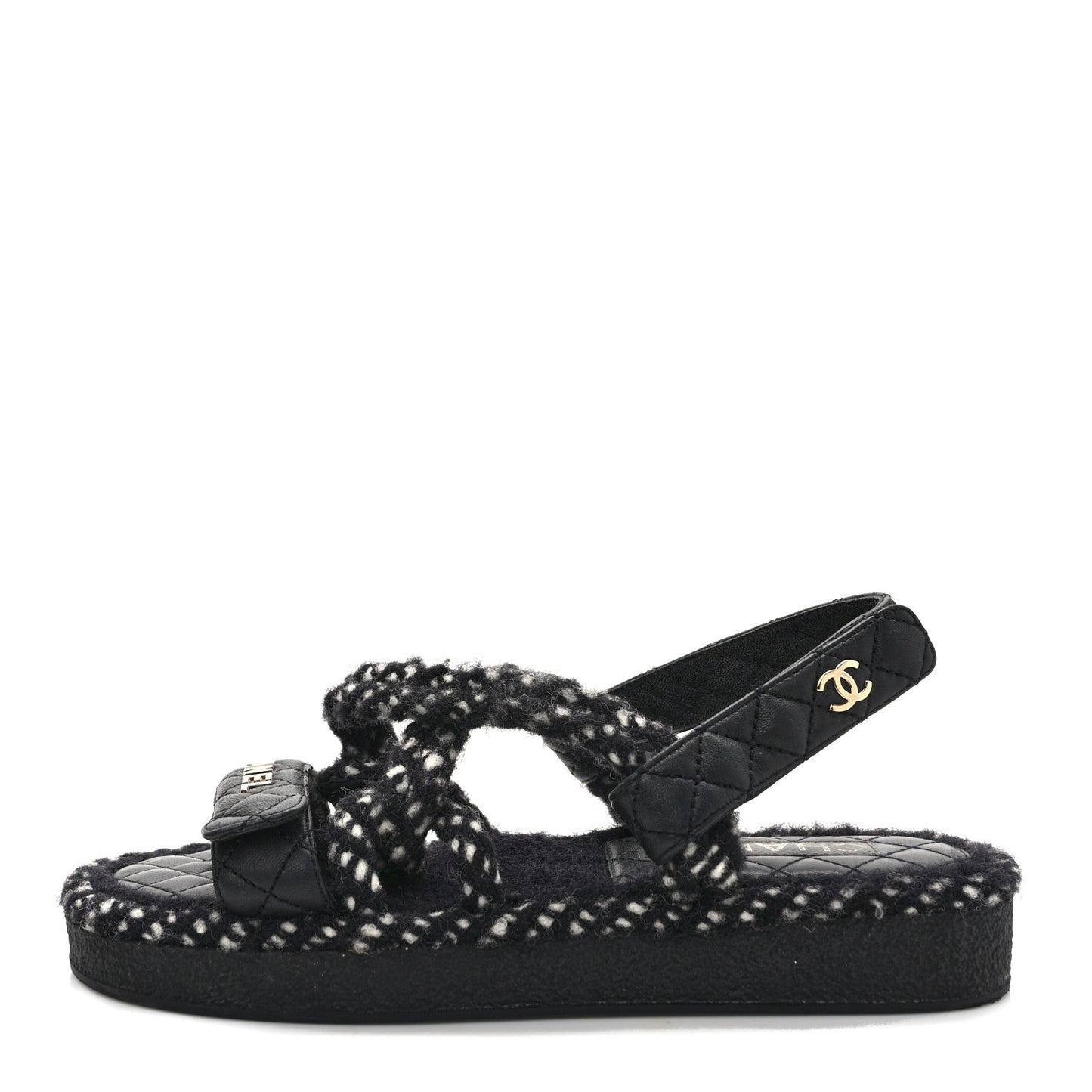 Cord Lambskin Quilted Logo Sandals 38 Black White