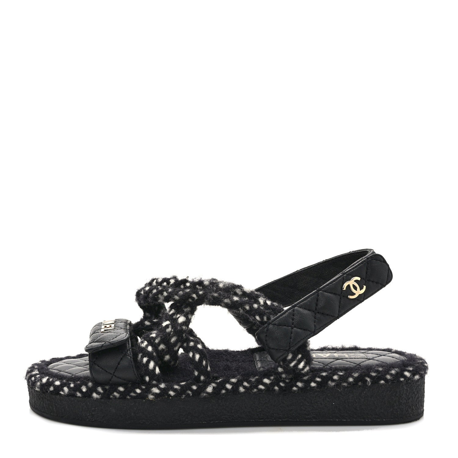 Chanel Cord Lambskin Quilted Logo Sandals 38 Black White 1 of 8