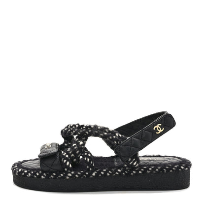 Chanel Cord Lambskin Quilted Logo Sandals 38 Black White 1 of 8
