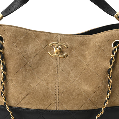 Chanel Suede Calfskin Shiny Lambskin Quilted Small Coco Base Shopping Bag Beige Black 8 of 11