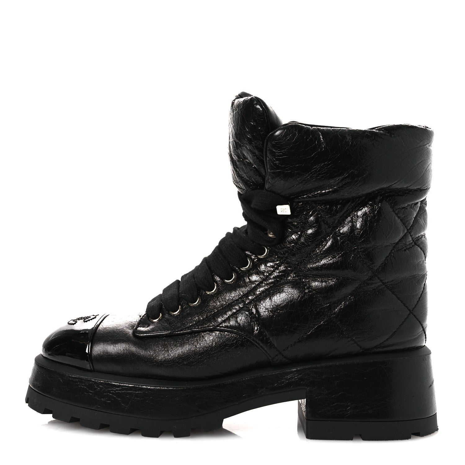 Chanel Crumpled Patent Lambskin Calfskin Quilted Lace Up Combat Boots 39 Black 1 of 11