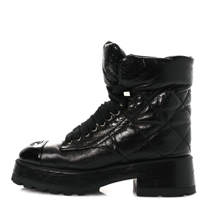 Chanel Crumpled Patent Lambskin Calfskin Quilted Lace Up Combat Boots 39 Black 1 of 11