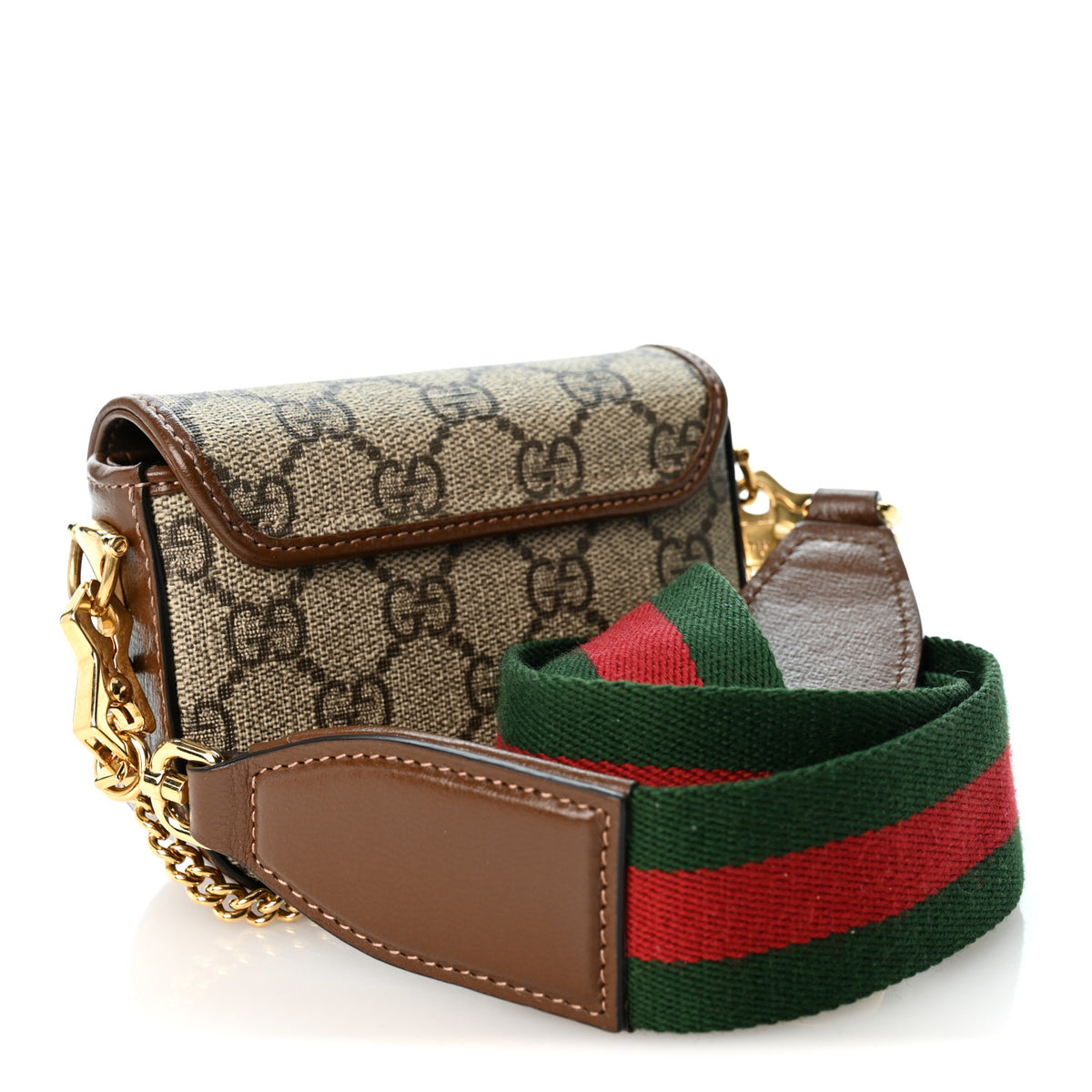 GG Supreme Monogram Azalea Calfskin Web Horsebit 1955 Wallet On Strap Beige Ebony Brown Sugar