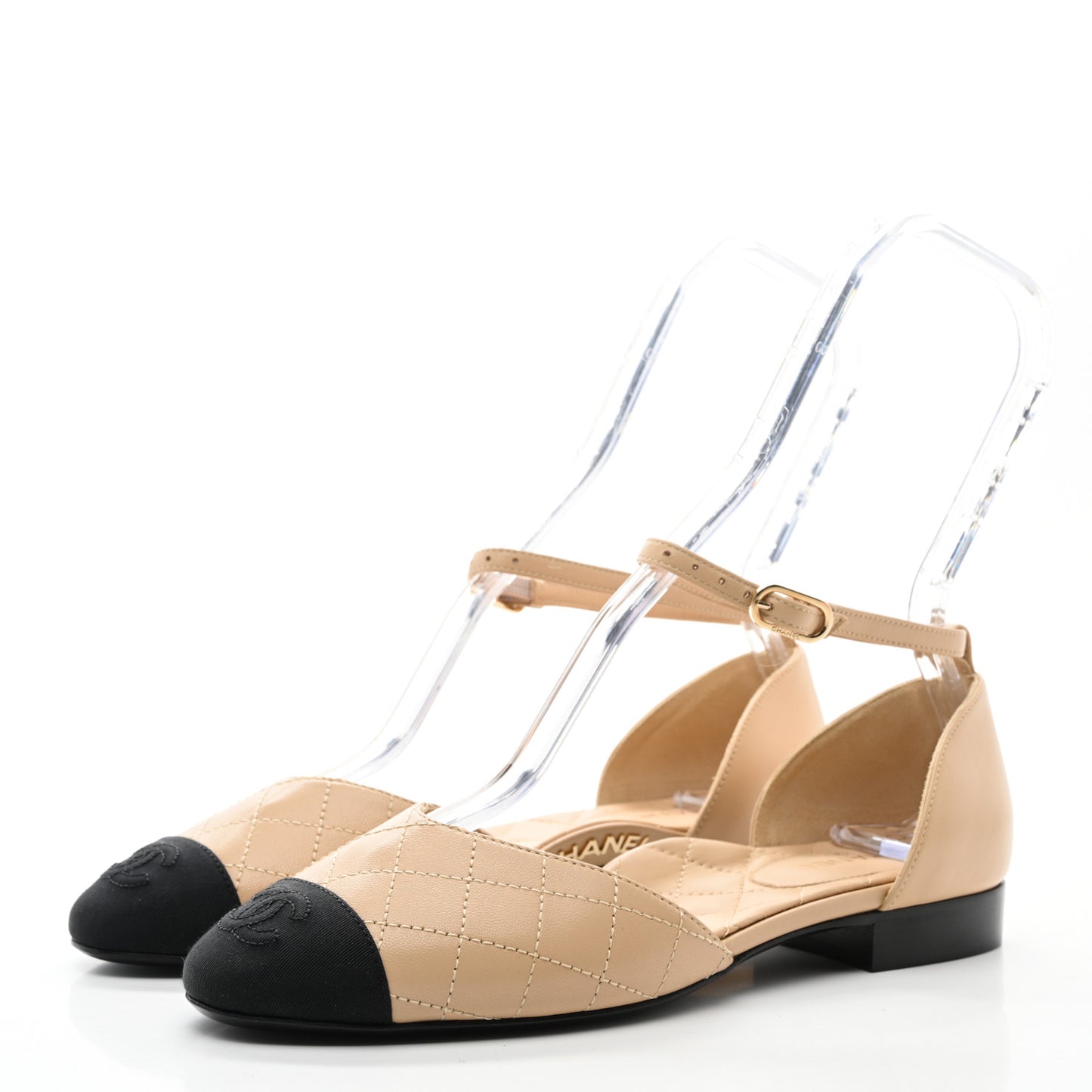 Lambskin Grosgrain Cap Toe CC Ankle Strap Sandals 37 Beige Black