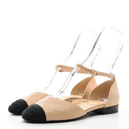 Chanel Lambskin Grosgrain Cap Toe CC Ankle Strap Sandals 37 Beige Black 3 of 8