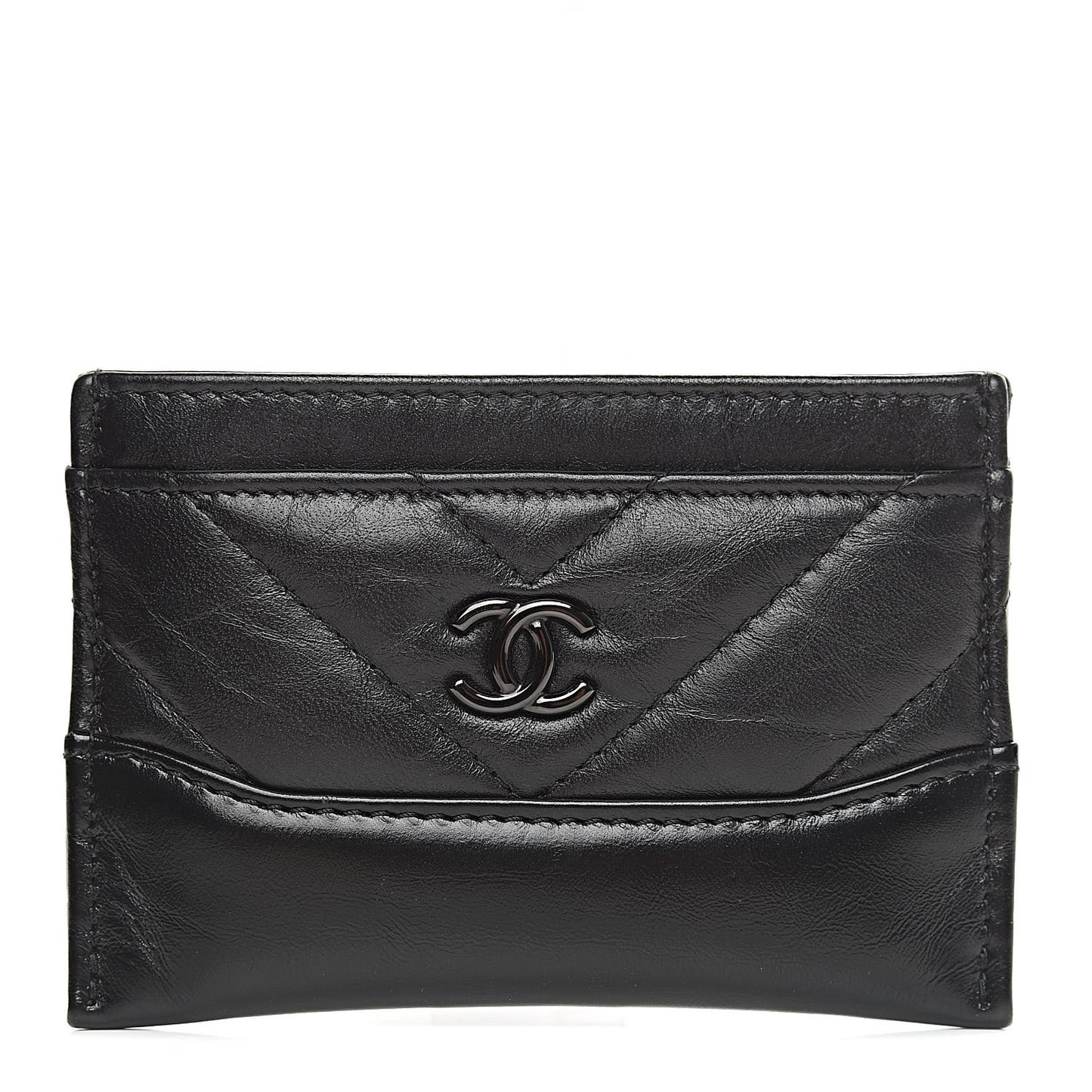Aged Calfskin Chevron Quilted Gabrielle Card Holder Black