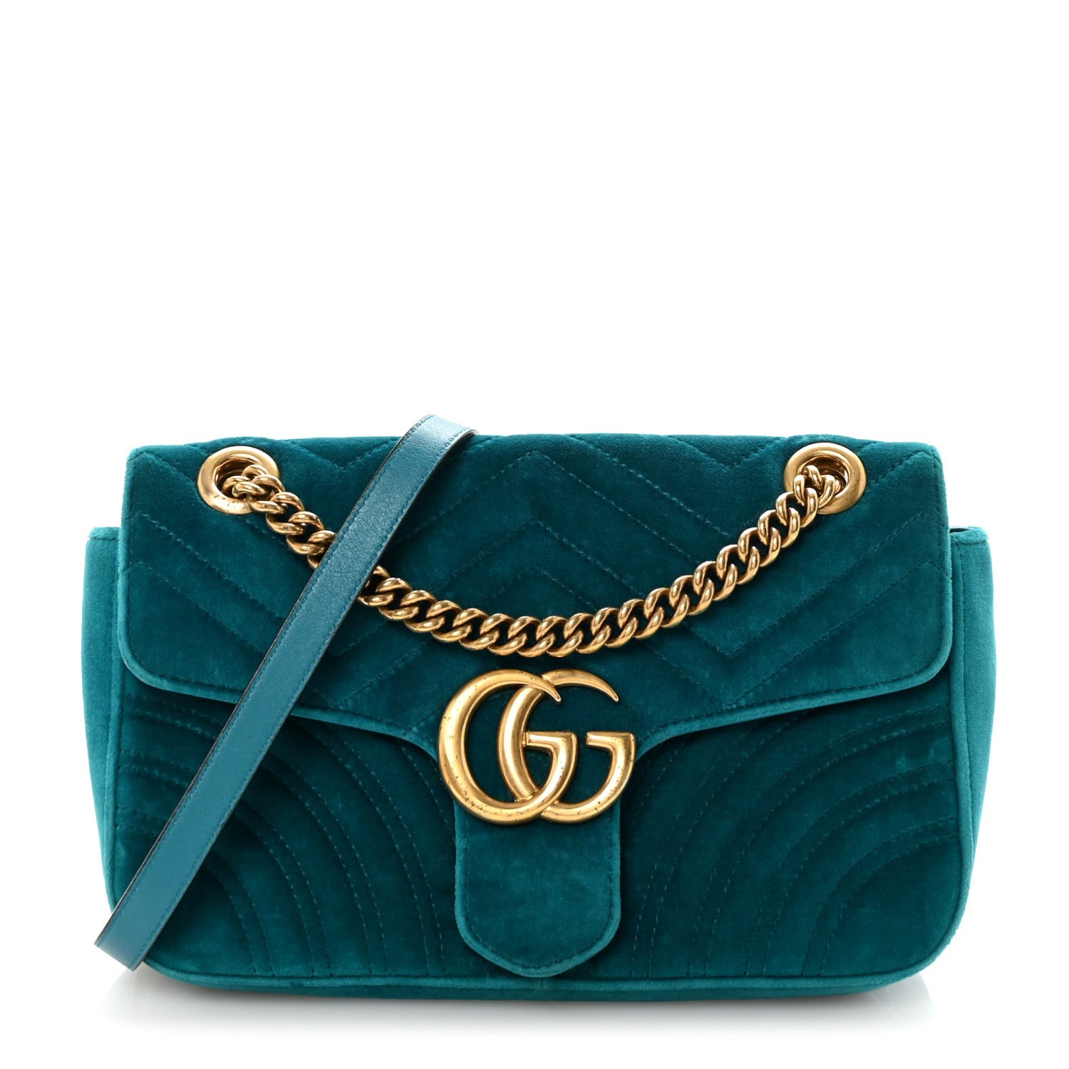 Gucci Velvet Matelasse Small GG Marmont Shoulder Bag Pavone Cyan 1 of 10
