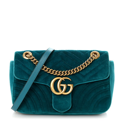 Gucci Velvet Matelasse Small GG Marmont Shoulder Bag Pavone Cyan 1 of 10