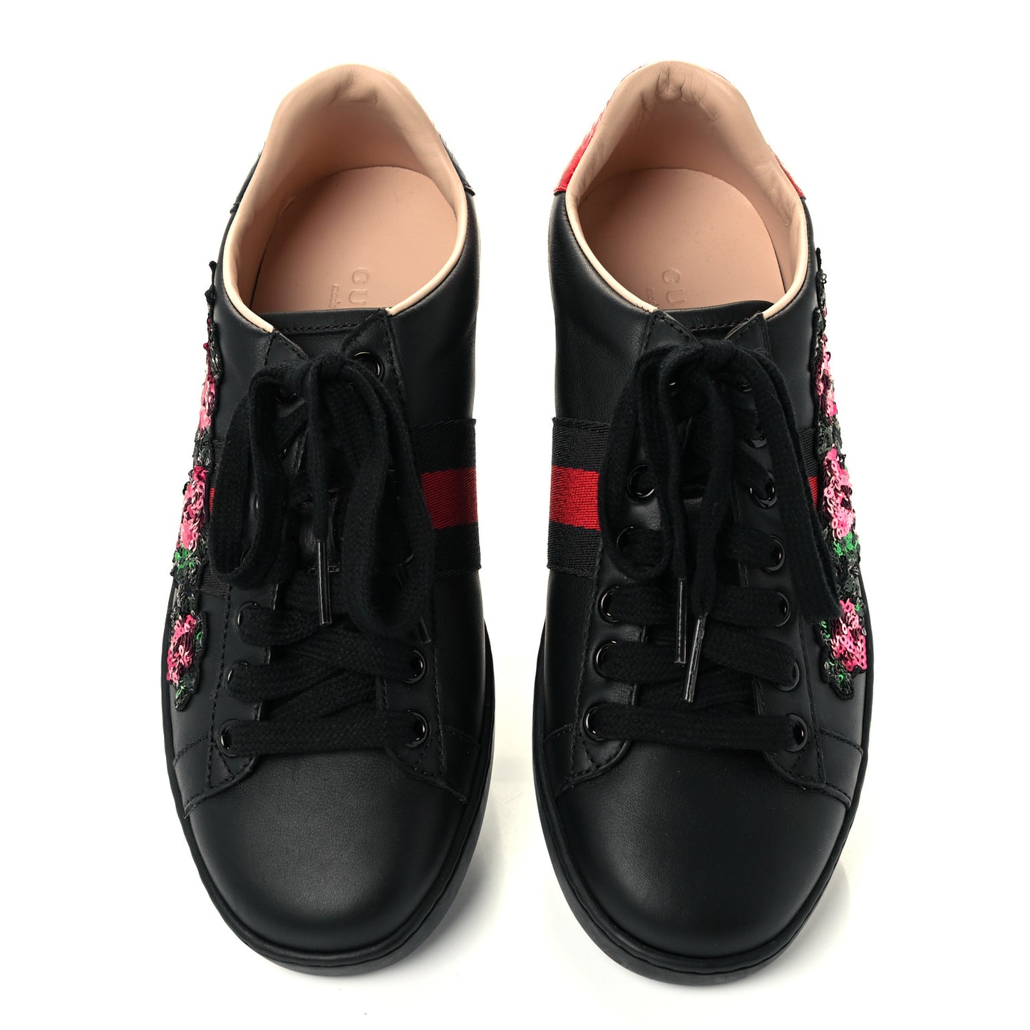 Calfskin Sequins Web Floral Womens Ace Sneakers 35 Black
