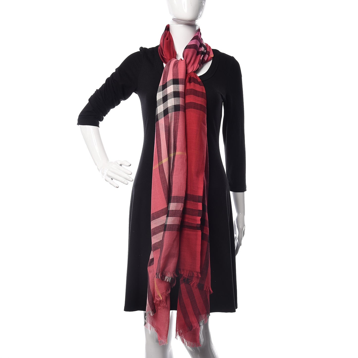 Wool Silk Gauze Ombre Giant Check Scarf Coral Pink