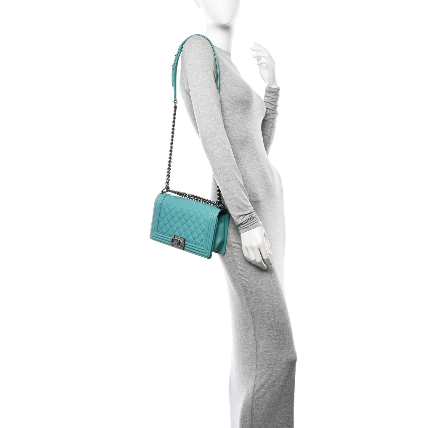 Calfskin Quilted Medium Boy Flap Turquoise