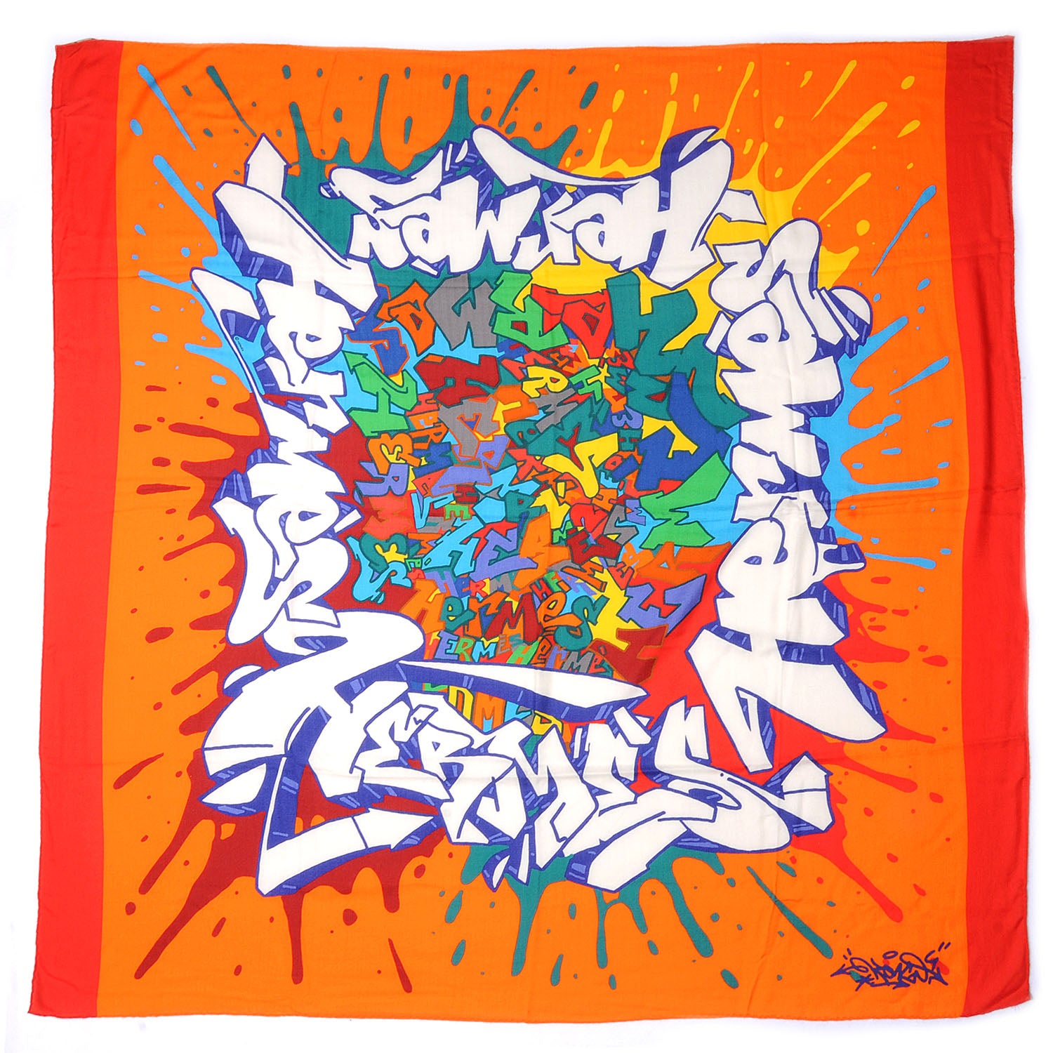 Hermes Silk Cashmere Graff Graffiti Shawl 140 Orange 2 of 4