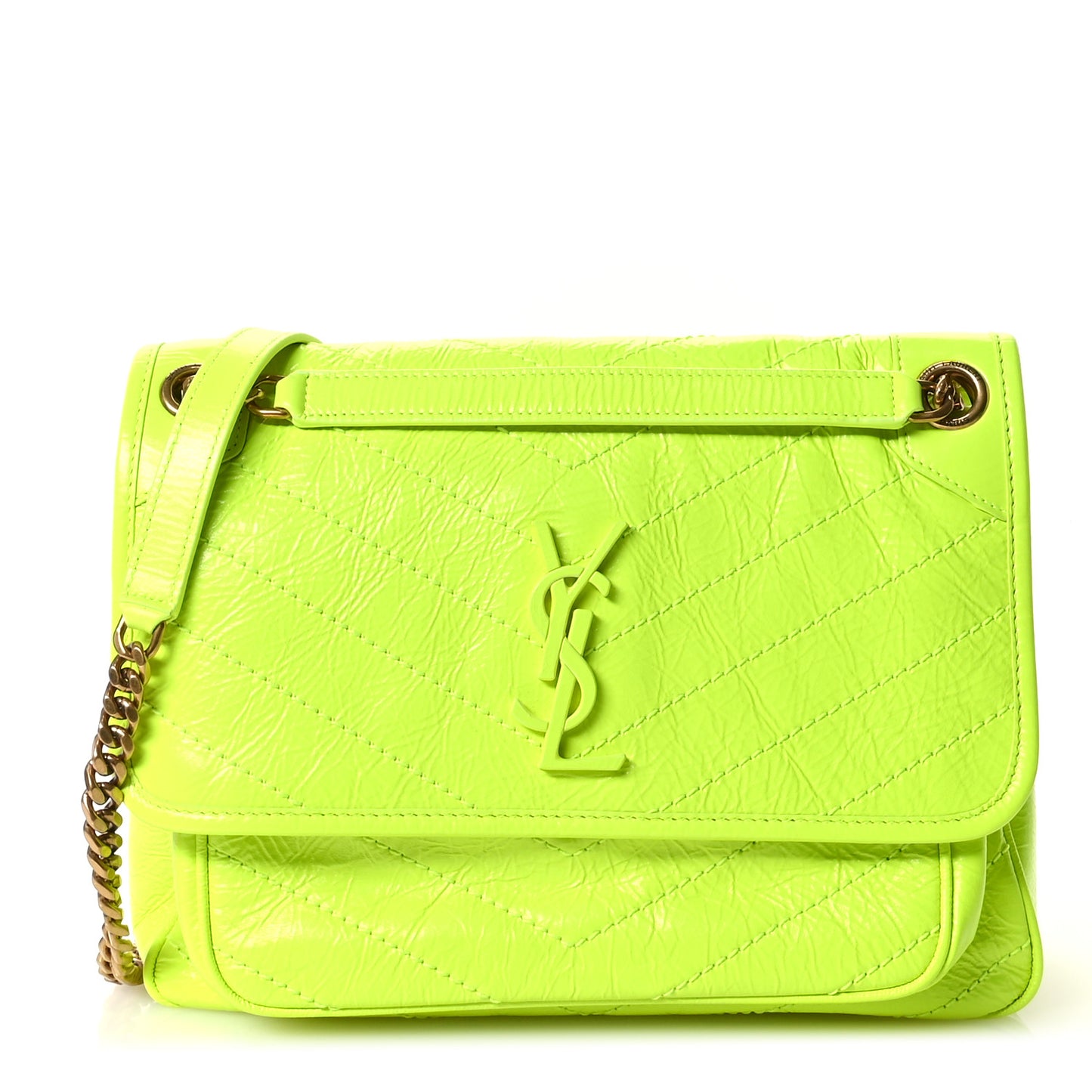 Crinkled Calfskin Matelasse Monogram Medium Niki Chain Satchel Neon Yellow