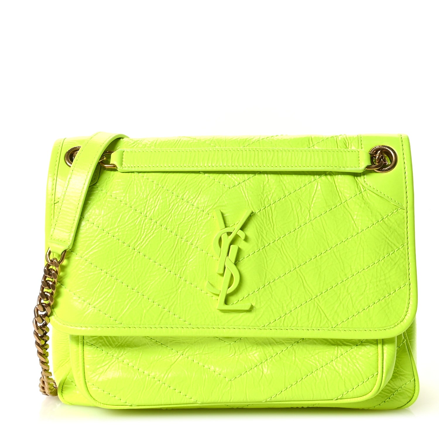 Saint Laurent Crinkled Calfskin Matelasse Monogram Medium Niki Chain Satchel Neon Yellow 1 of 11