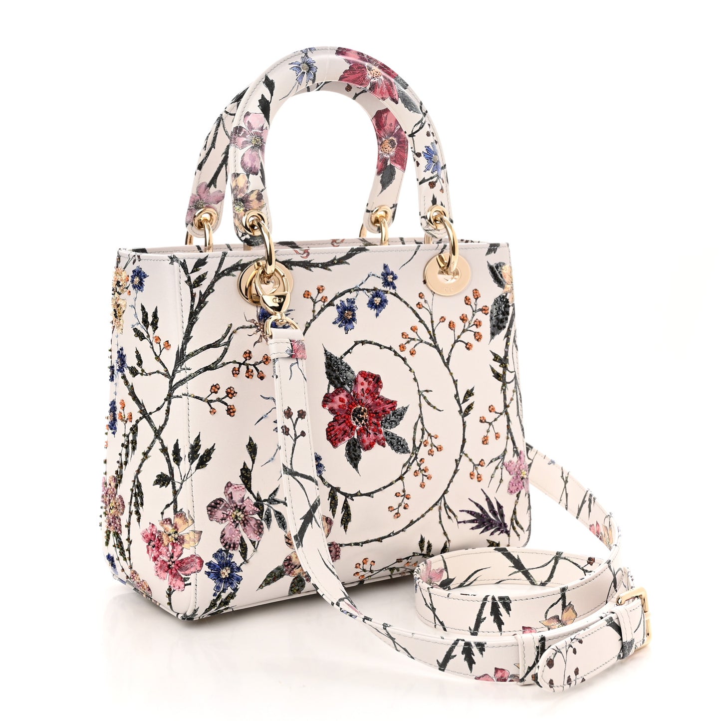 Calfskin Rosa Mutabilis Embroidered Medium Lady Dior White Multicolor