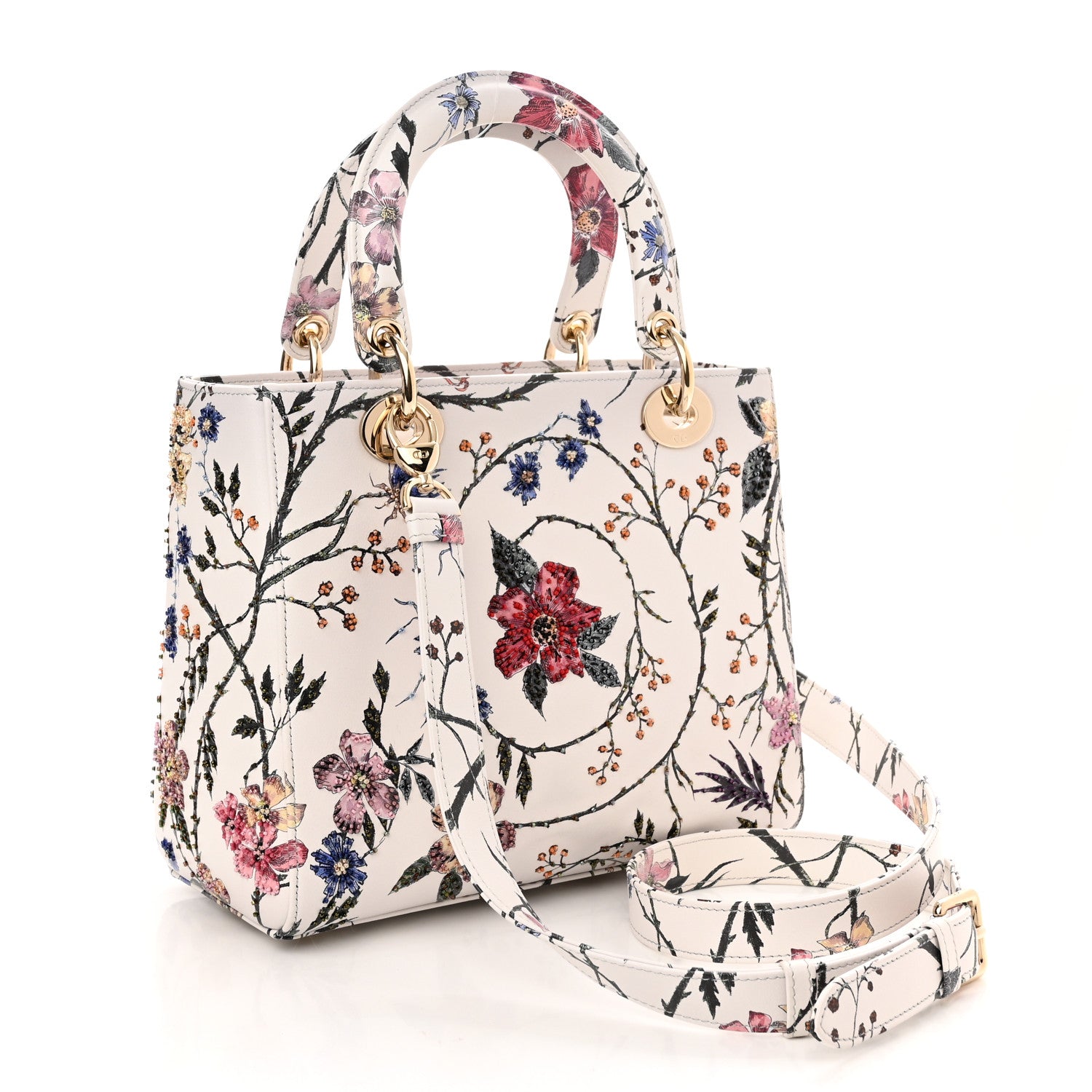 Christian Dior Calfskin Rosa Mutabilis Embroidered Medium Lady Dior White Multicolor 3 of 10