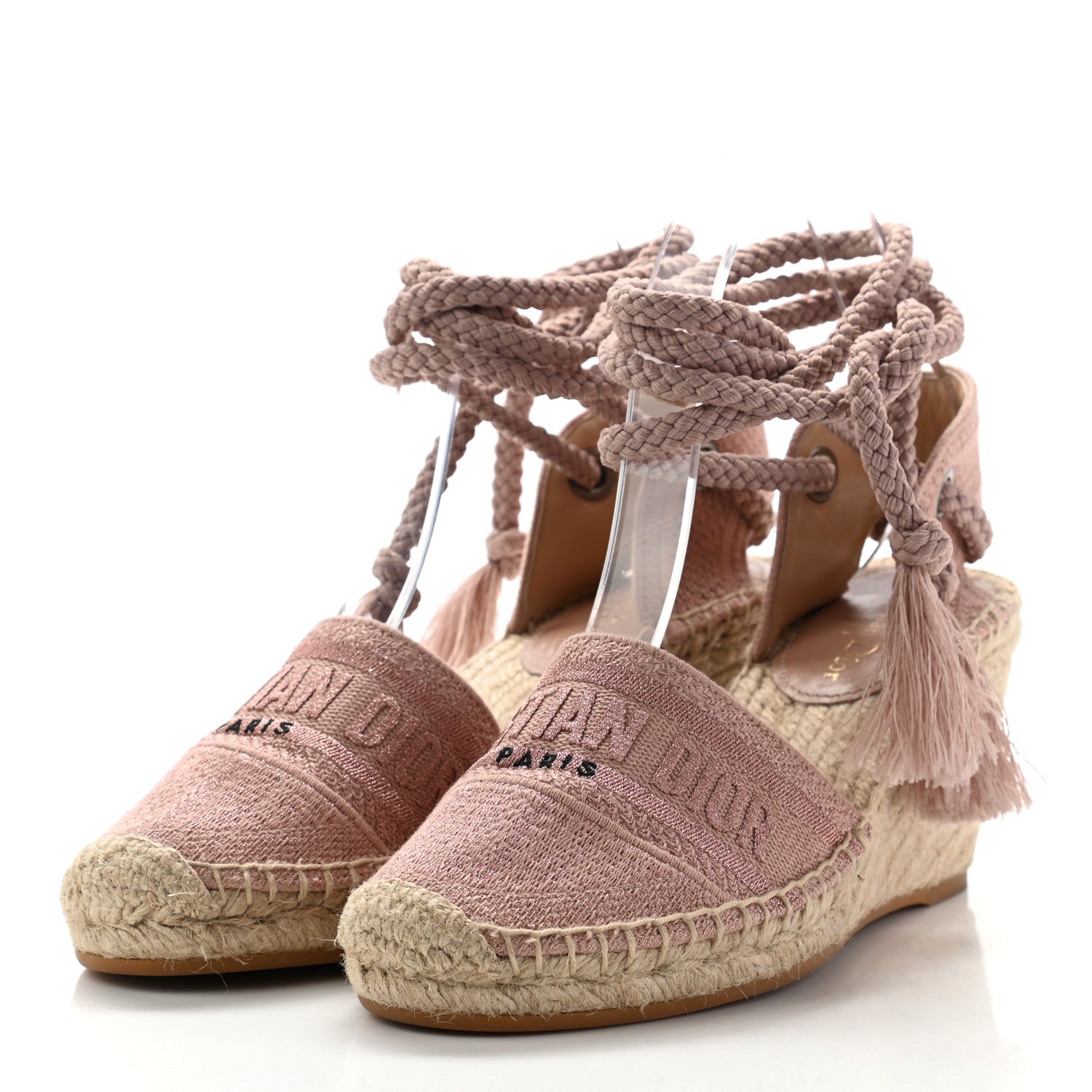 Christian Dior Canvas Embroidered Granville Ankle Tie Espadrille Wedges 38 Pink 3 of 8