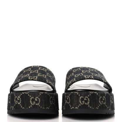 Gucci Jacquard Black Denim GG Monogram Angelina Platform 55mm Slide Sandals 40 Black Ivory 2 of 9