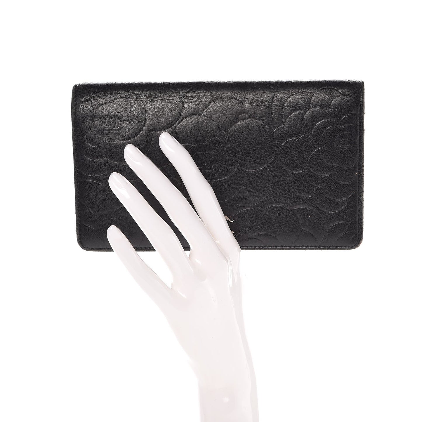 Lambskin Camellia Embossed Yen Wallet Black