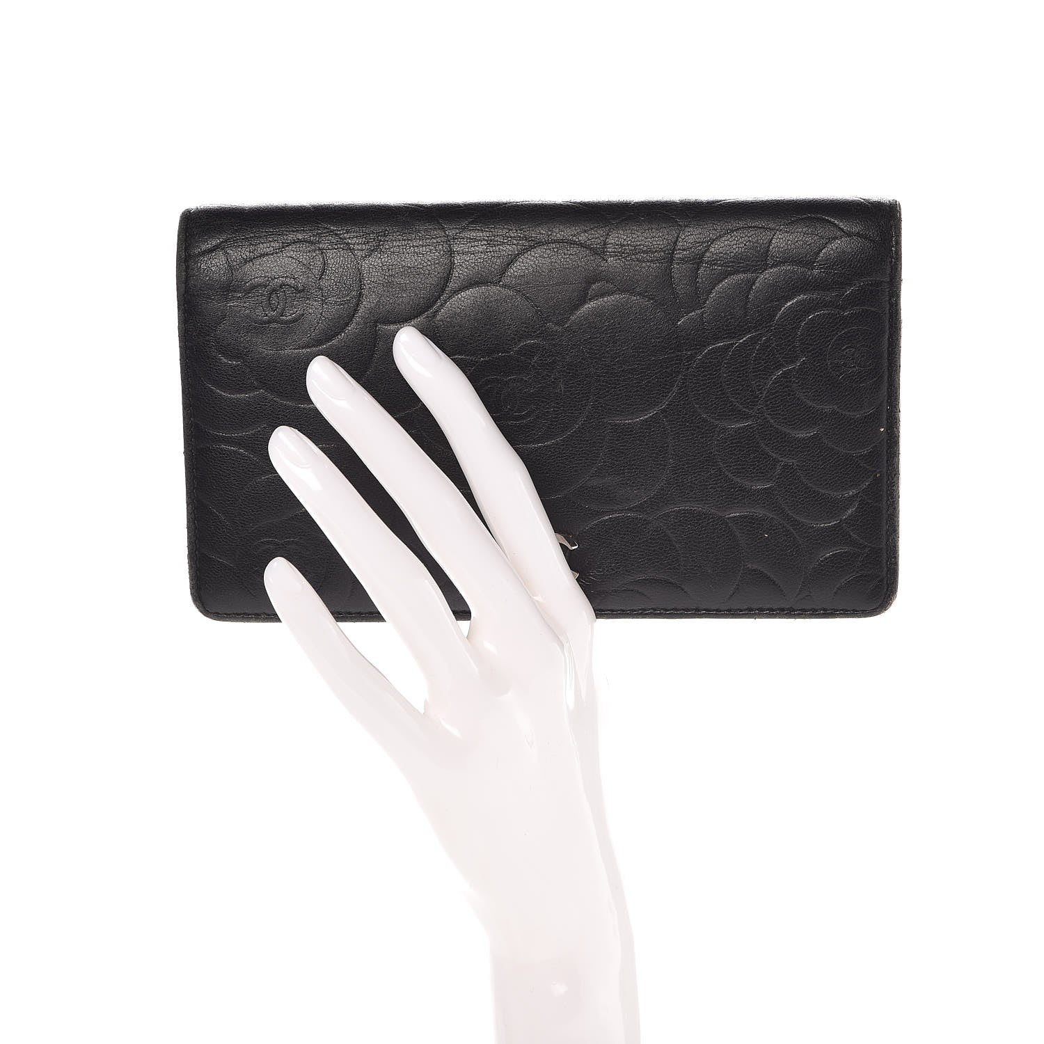 Chanel Lambskin Camellia Embossed Yen Wallet Black 2 of 15
