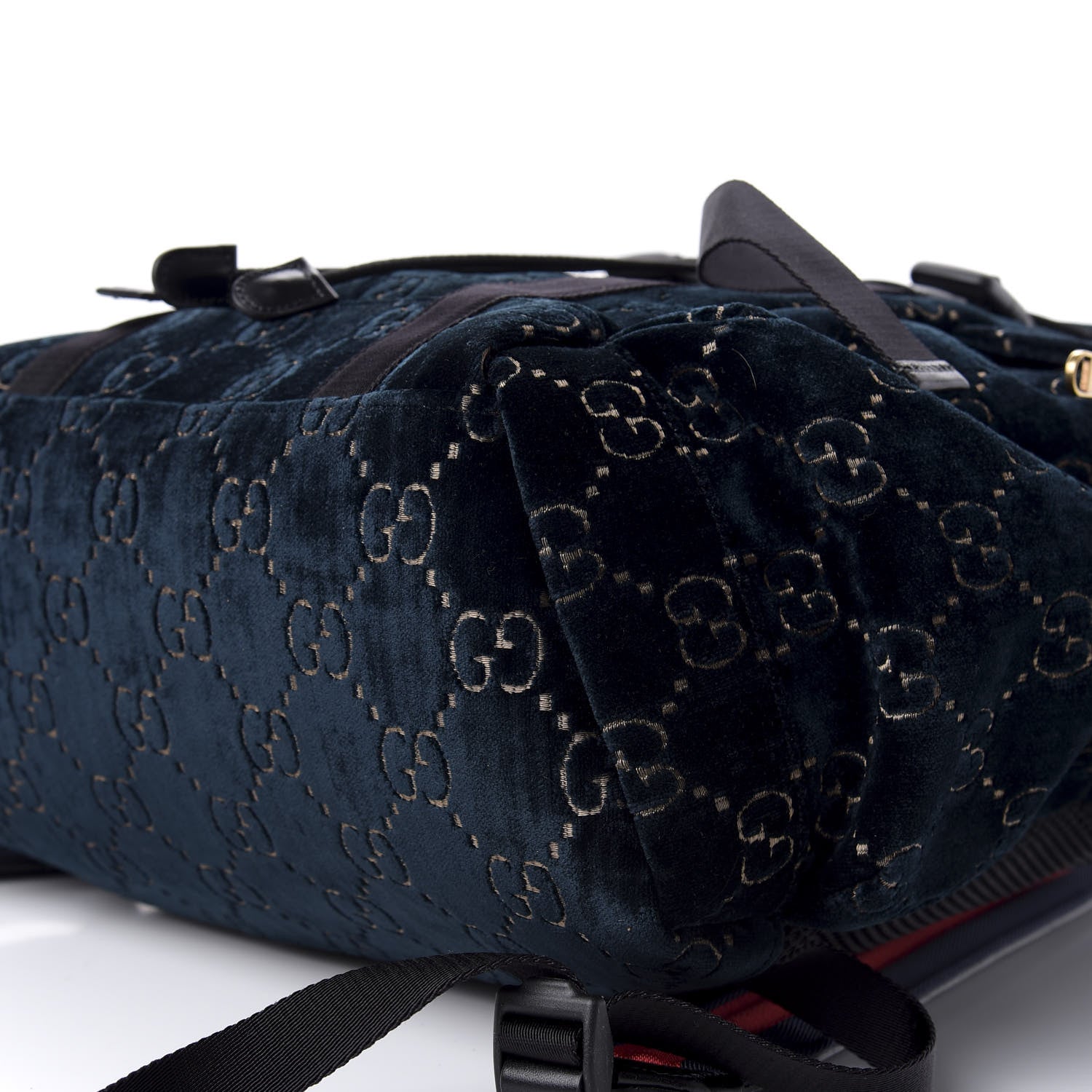 Gucci Velvet GG Monogram Web Medium Double Buckle Backpack Blue Beige Black 8 of 9