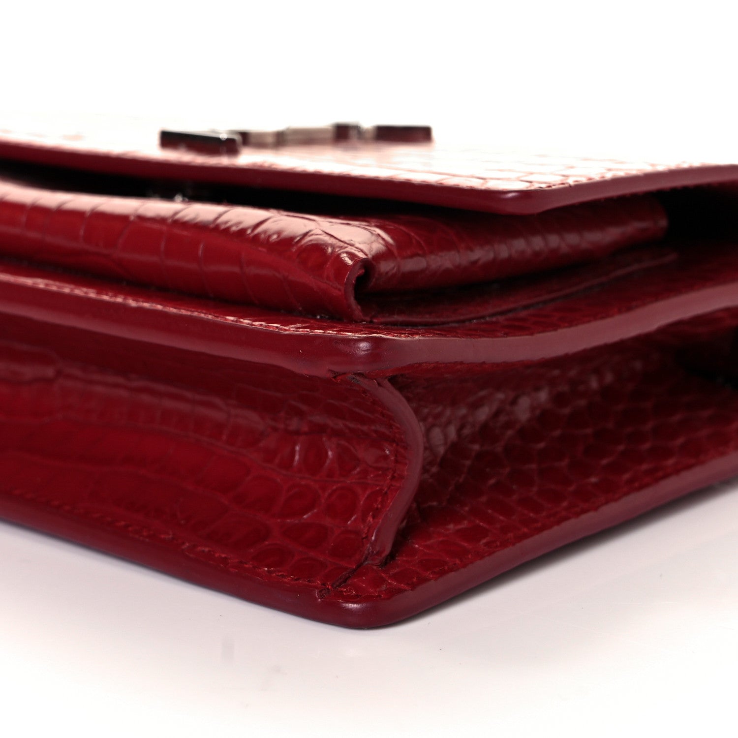 Saint Laurent Calfskin Crocodile Embossed Monogram Sunset Chain Wallet New Lipstick Red 7 of 9