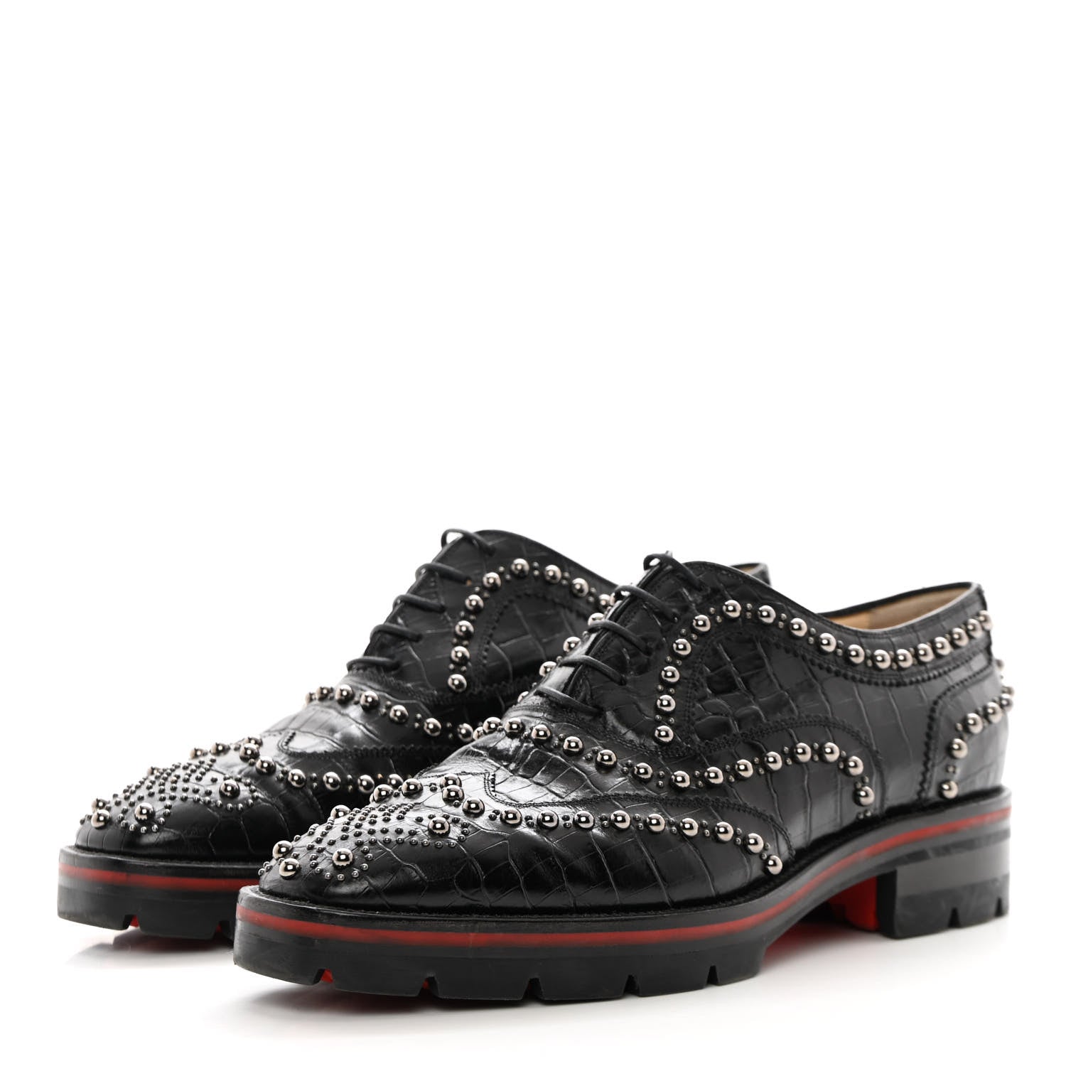 Christian Louboutin Croc Calfskin Embossed Womens Studded Crapadonna Oxfords 37 Black 3 of 12