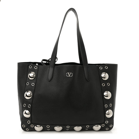 Grainy Calfskin Studded Medium Nellcote Shopping Tote Black