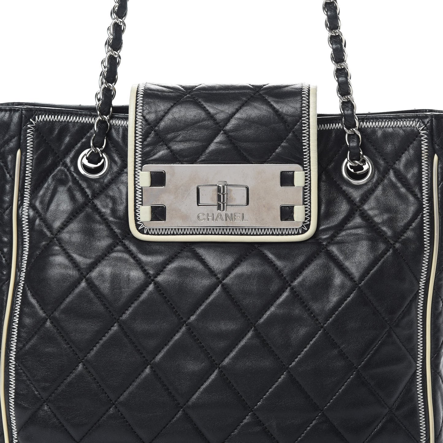Glazed Lambskin Quilted Large North South Tote Black