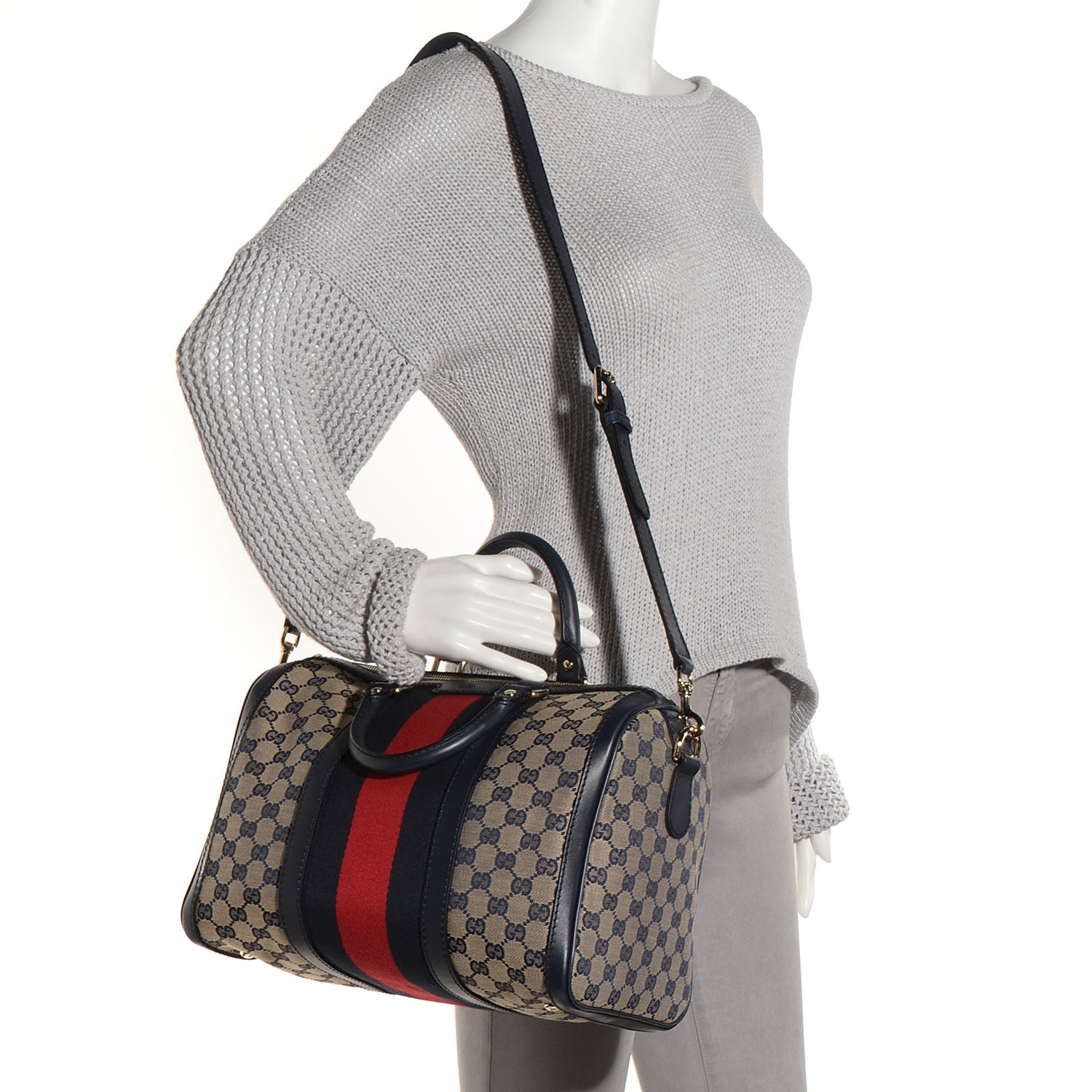 Gucci Monogram Selleria Calfskin Vintage Web Medium Boston Beige Blue 2 of 28
