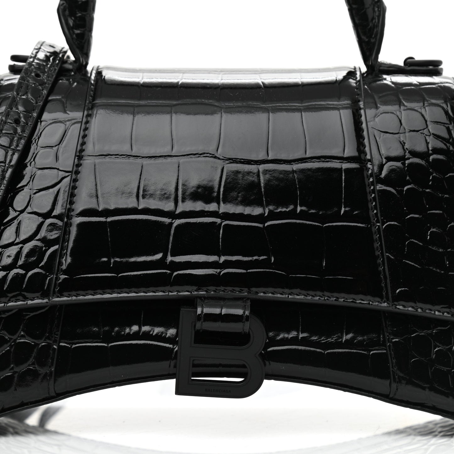 Shiny Calfskin Monochrome Crocodile Embossed Small Hourglass Top Handle Bag Black