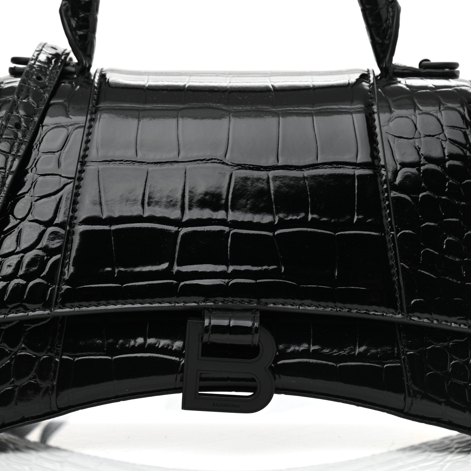 Balenciaga Shiny Calfskin Monochrome Crocodile Embossed Small Hourglass Top Handle Bag Black 7 of 9