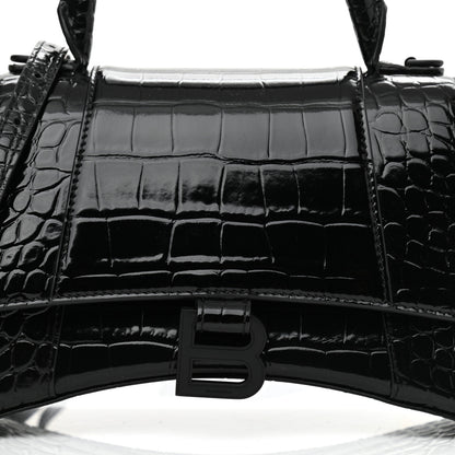 Balenciaga Shiny Calfskin Monochrome Crocodile Embossed Small Hourglass Top Handle Bag Black 7 of 9
