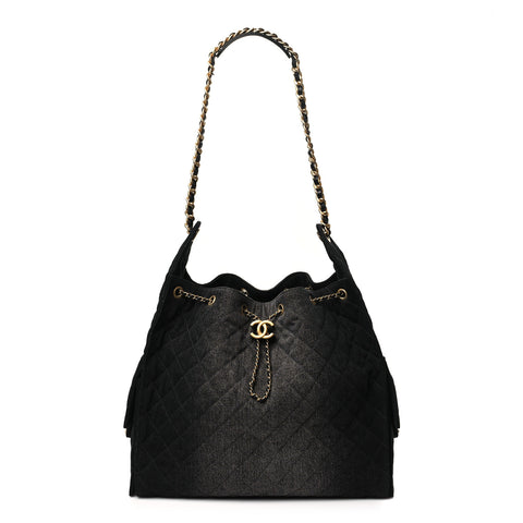 Washed Denim Quilted Medium Chanel 25 Handbag Black