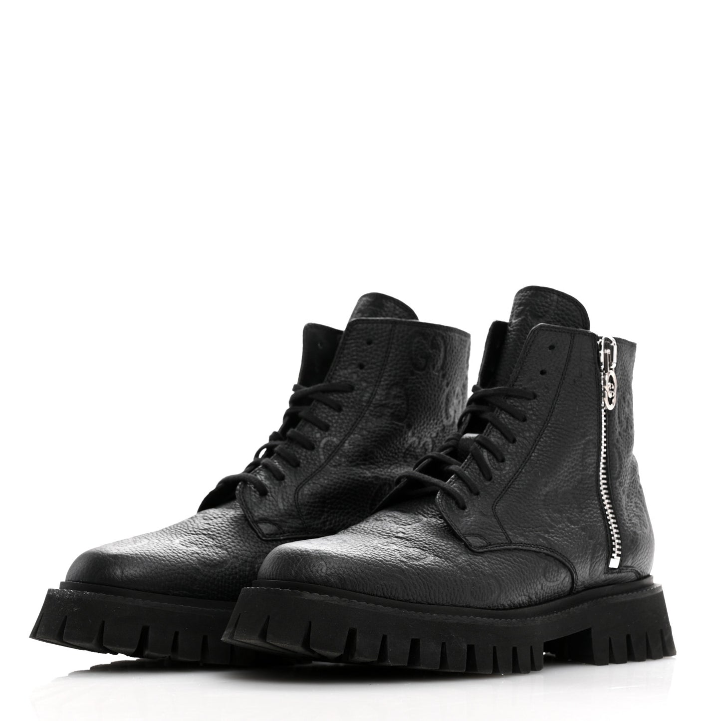 Calfskin Embossed Monogram Lace Up Ankle Boots 40.5 Black