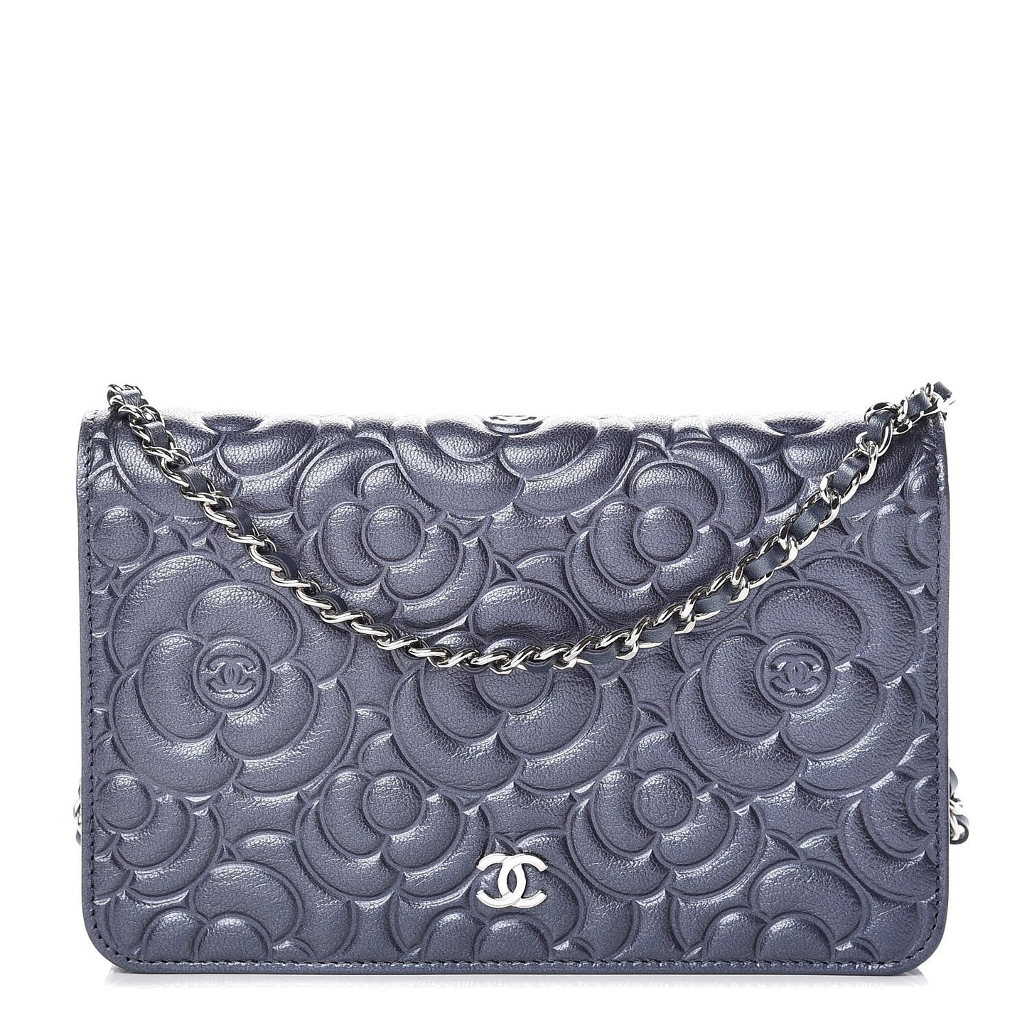Goatskin Camellia Embossed Wallet On Chain WOC Dark Blue