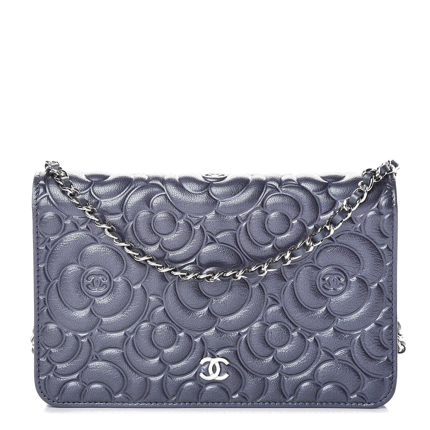 Chanel Goatskin Camellia Embossed Wallet On Chain WOC Dark Blue 1 of 10