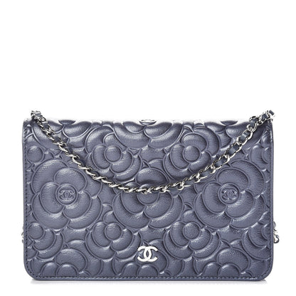 Chanel Goatskin Camellia Embossed Wallet On Chain WOC Dark Blue 1 of 10
