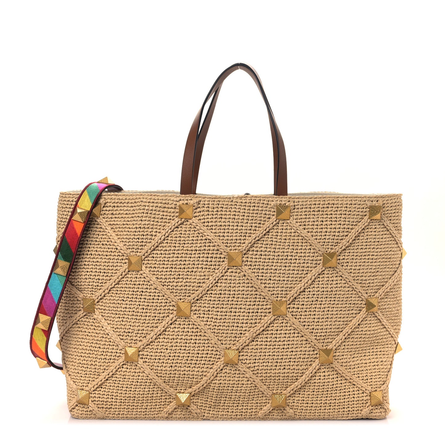 Raffia Calfskin Large Roman Stud Tote Naturale