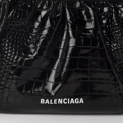 Balenciaga Shiny Supple Calfskin Logo Crocodile Embossed Cloud Crossbody Bag Black White 10 of 10