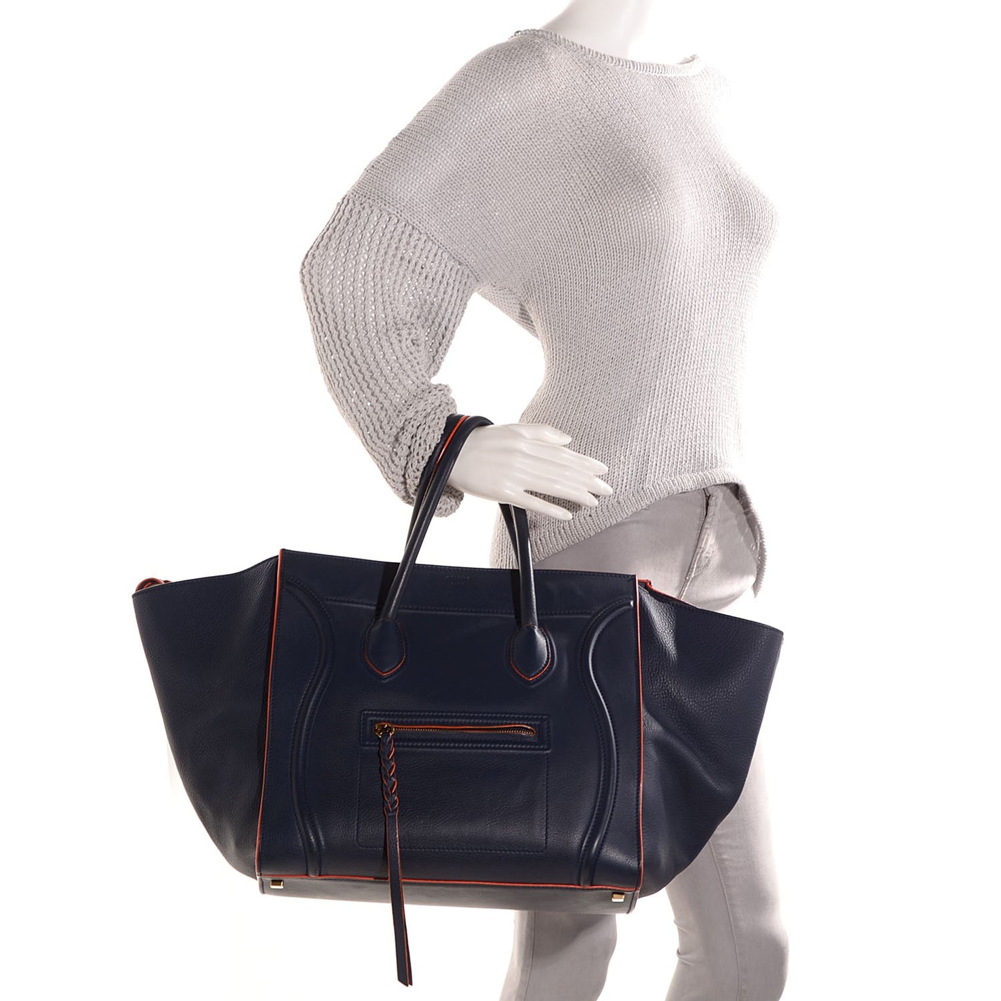 Supple Calfskin Large Phantom Luggage Navy Blue Orange Trim