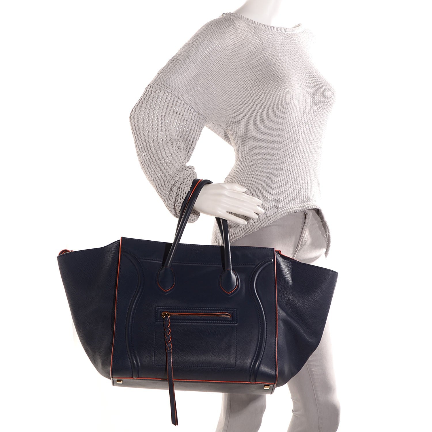 Celine Supple Calfskin Large Phantom Luggage Navy Blue Orange Trim 2 of 9