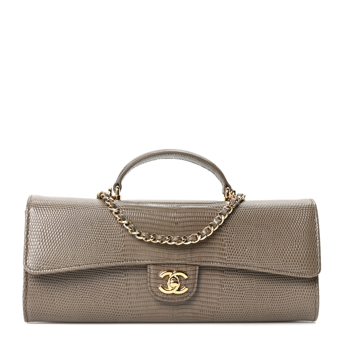 Chanel Calfskin Lizard Embossed Top Handle Long Clutch With Chain Dark Khaki 1 of 12