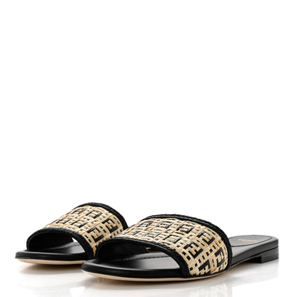 Fendi Raffia FF Flat Slide Sandals 39.5 Natural Black 3 of 8